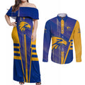 Personalized West Coast Eagles Couples Matching Off Shoulder Maxi Dress and Long Sleeve Button Shirt Modern Geometric Sports Graphic Style