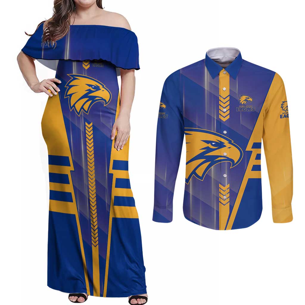 Personalized West Coast Eagles Couples Matching Off Shoulder Maxi Dress and Long Sleeve Button Shirt Modern Geometric Sports Graphic Style
