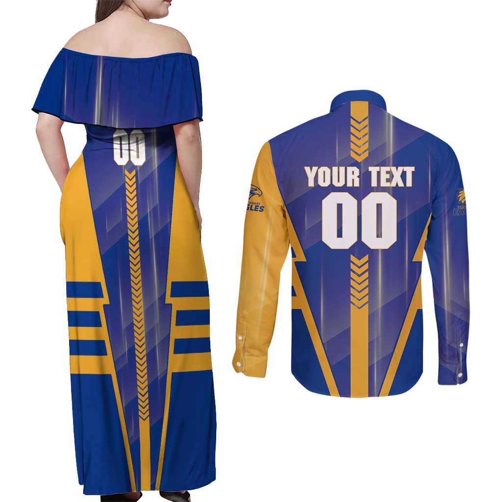 Personalized West Coast Eagles Couples Matching Off Shoulder Maxi Dress and Long Sleeve Button Shirt Modern Geometric Sports Graphic Style