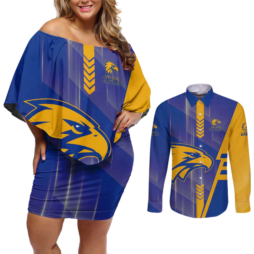 Personalized West Coast Eagles Couples Matching Off Shoulder Short Dress and Long Sleeve Button Shirt Modern Geometric Sports Graphic Style