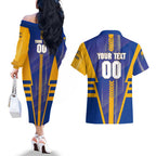 Personalized West Coast Eagles Couples Matching Off The Shoulder Long Sleeve Dress and Hawaiian Shirt Modern Geometric Sports Graphic Style