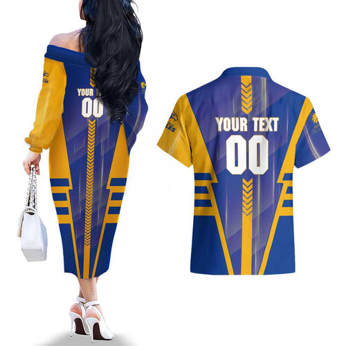 Personalized West Coast Eagles Couples Matching Off The Shoulder Long Sleeve Dress and Hawaiian Shirt Modern Geometric Sports Graphic Style