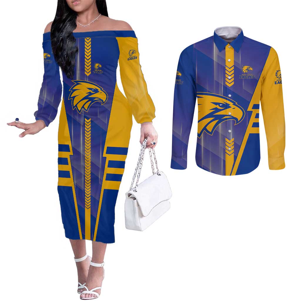 Personalized West Coast Eagles Couples Matching Off The Shoulder Long Sleeve Dress and Long Sleeve Button Shirt Modern Geometric Sports Graphic Style