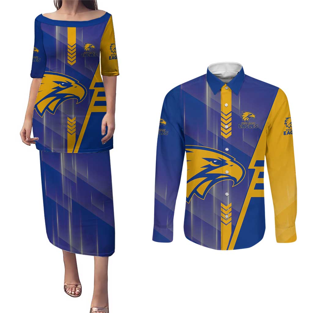 Personalized West Coast Eagles Couples Matching Puletasi and Long Sleeve Button Shirt Modern Geometric Sports Graphic Style