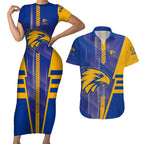 Personalized West Coast Eagles Couples Matching Short Sleeve Bodycon Dress and Hawaiian Shirt Modern Geometric Sports Graphic Style