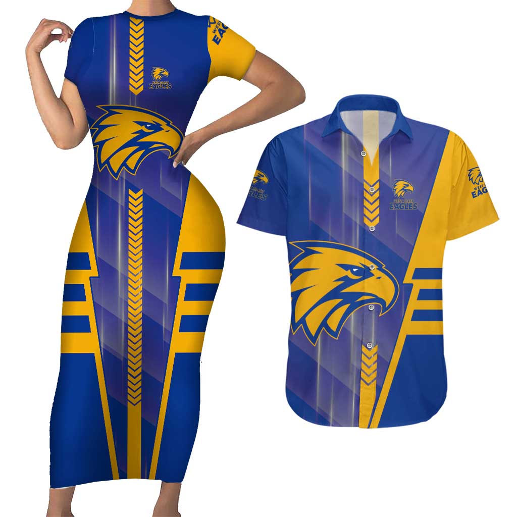 Personalized West Coast Eagles Couples Matching Short Sleeve Bodycon Dress and Hawaiian Shirt Modern Geometric Sports Graphic Style