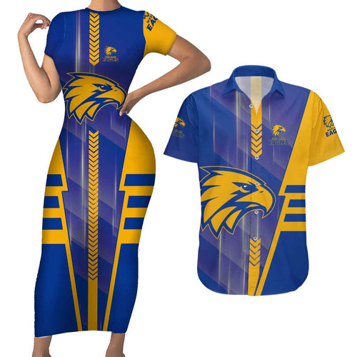 Personalized West Coast Eagles Couples Matching Short Sleeve Bodycon Dress and Hawaiian Shirt Modern Geometric Sports Graphic Style