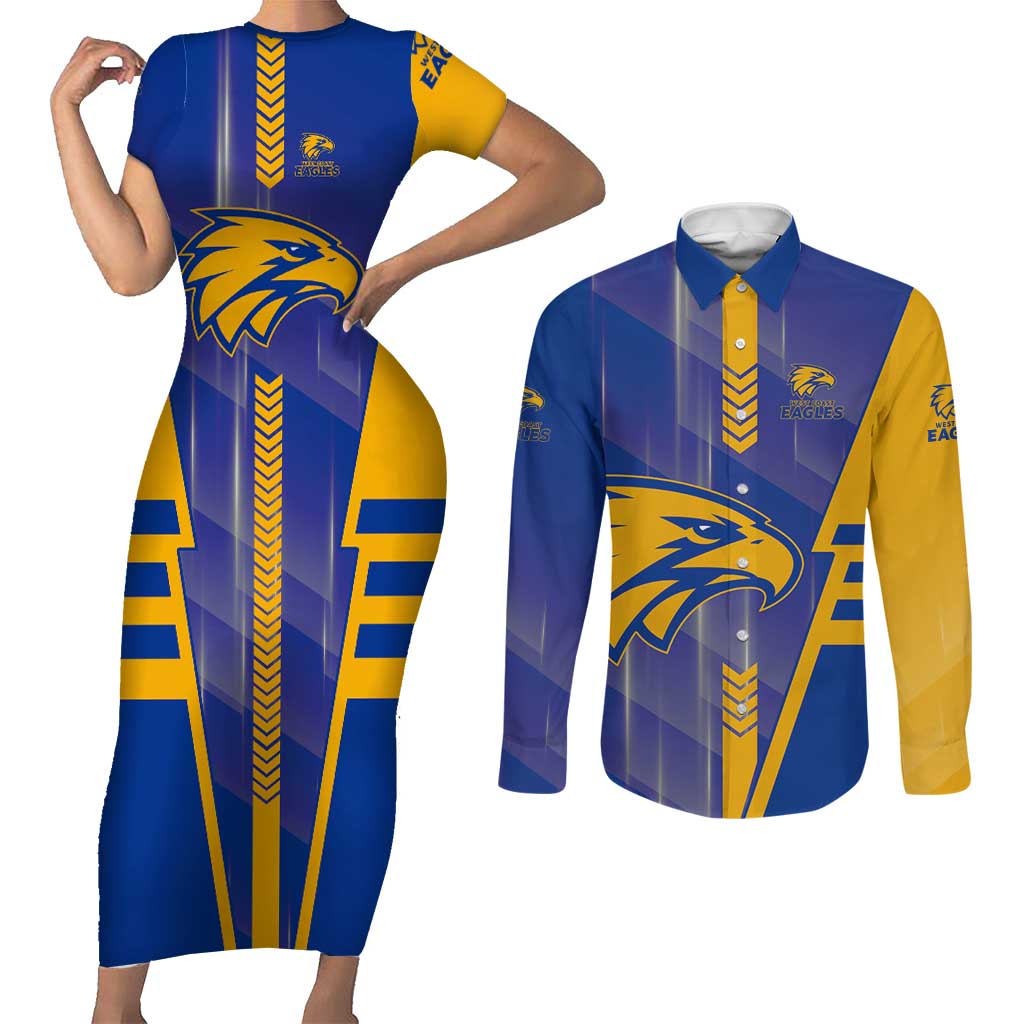 Personalized West Coast Eagles Couples Matching Short Sleeve Bodycon Dress and Long Sleeve Button Shirt Modern Geometric Sports Graphic Style