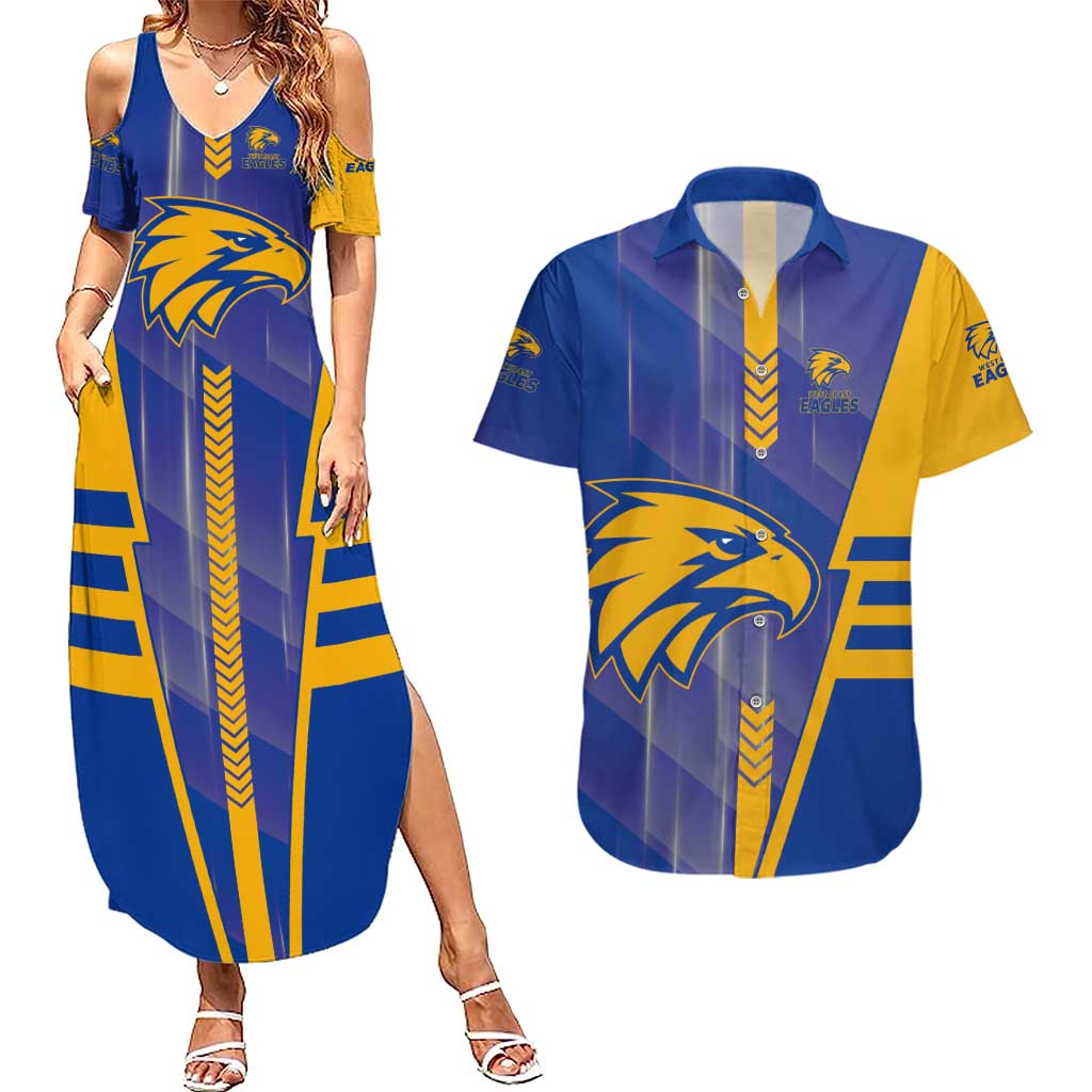 Personalized West Coast Eagles Couples Matching Summer Maxi Dress and Hawaiian Shirt Modern Geometric Sports Graphic Style