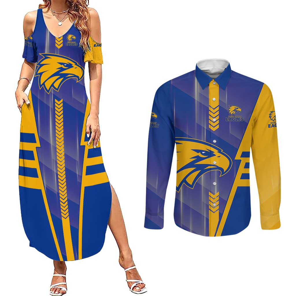 Personalized West Coast Eagles Couples Matching Summer Maxi Dress and Long Sleeve Button Shirt Modern Geometric Sports Graphic Style