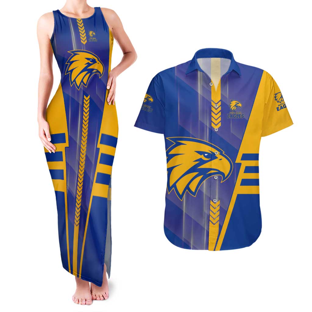 Personalized West Coast Eagles Couples Matching Tank Maxi Dress and Hawaiian Shirt Modern Geometric Sports Graphic Style