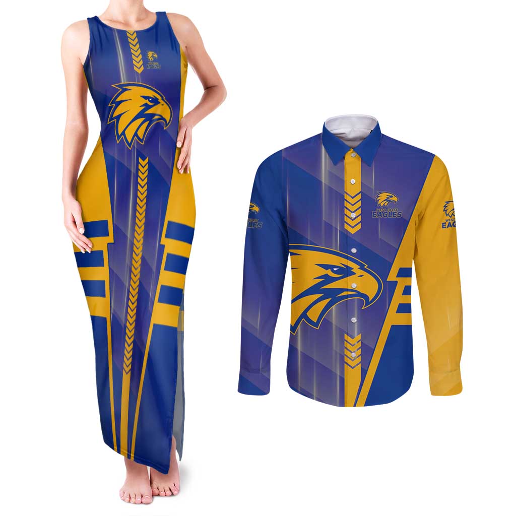 Personalized West Coast Eagles Couples Matching Tank Maxi Dress and Long Sleeve Button Shirt Modern Geometric Sports Graphic Style