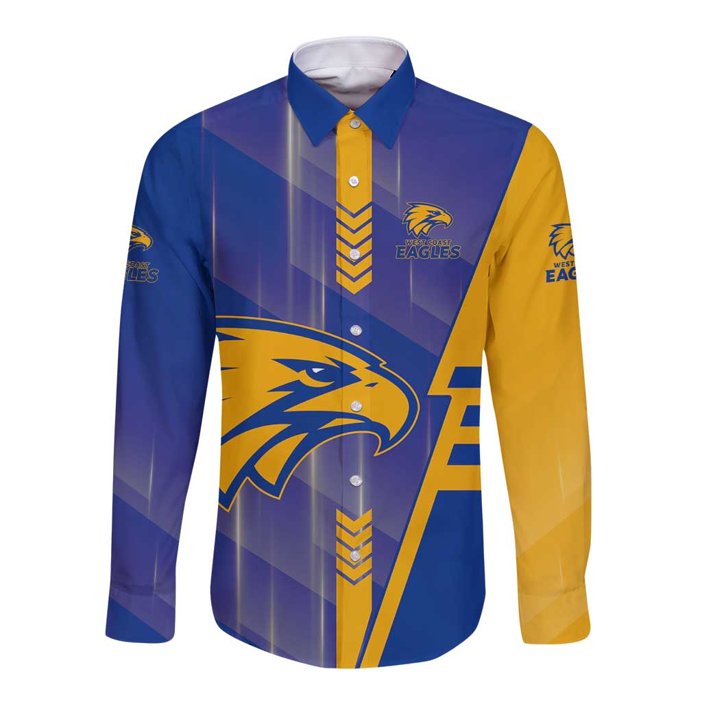 Personalized West Coast Eagles Long Sleeve Button Shirt Modern Geometric Sports Graphic Style