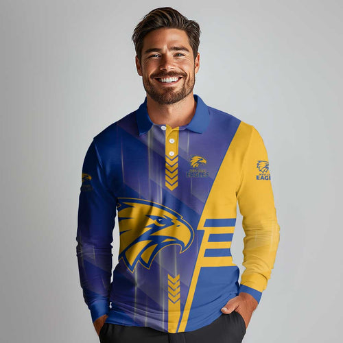 Personalized West Coast Eagles Long Sleeve Polo Shirt Modern Geometric Sports Graphic Style