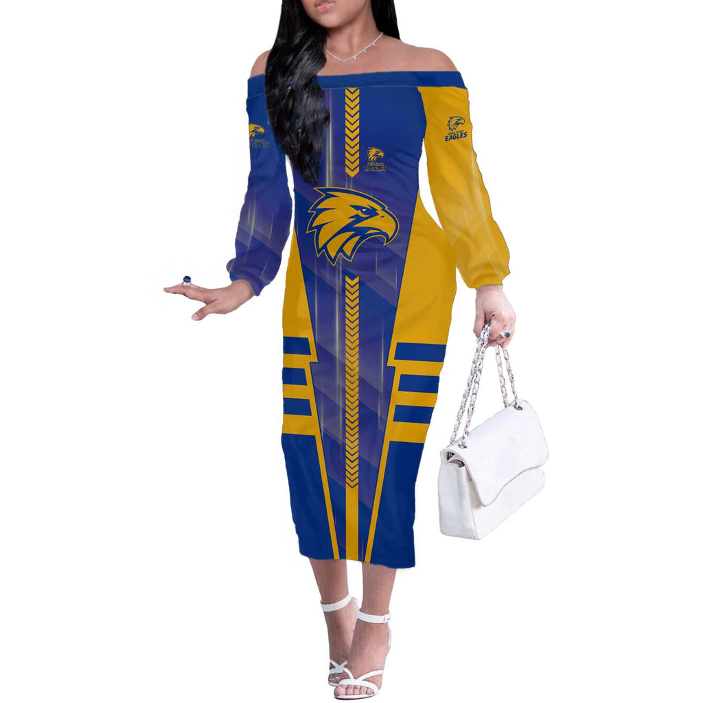 Personalized West Coast Eagles Off The Shoulder Long Sleeve Dress Modern Geometric Sports Graphic Style