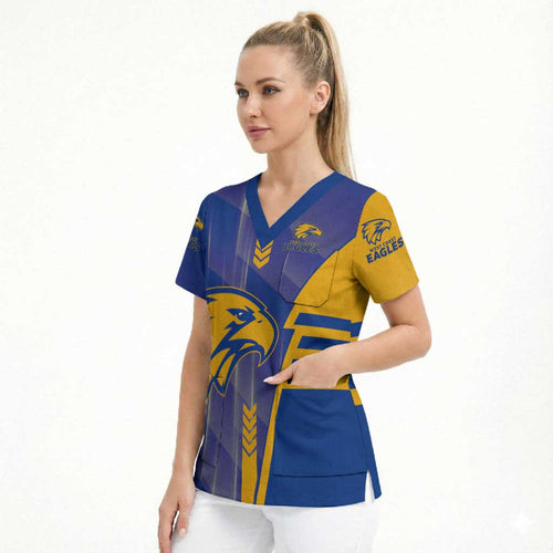 Personalized West Coast Eagles Scrub Top Modern Geometric Sports Graphic Style
