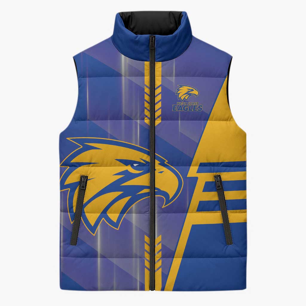 Personalized West Coast Eagles Sleeveless Puffer Jacket Modern Geometric Sports Graphic Style