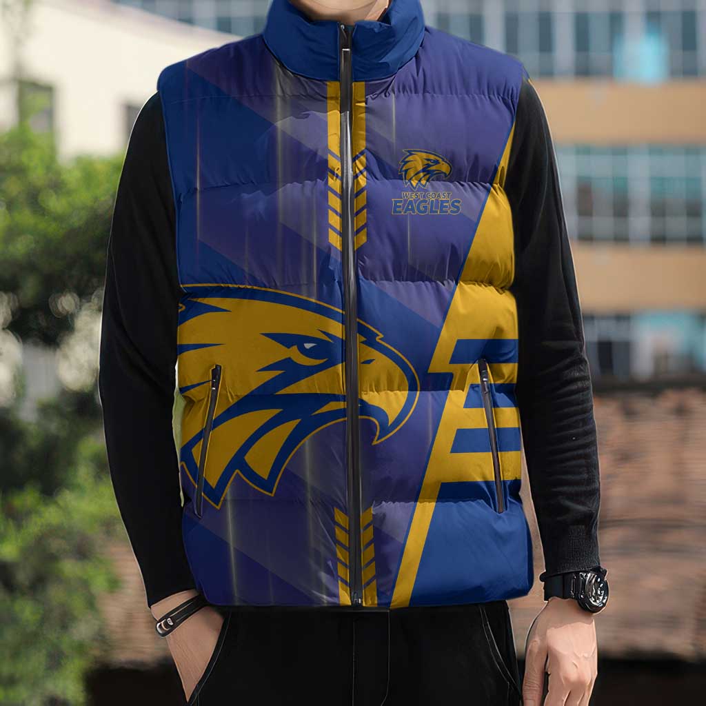 Personalized West Coast Eagles Sleeveless Puffer Jacket Modern Geometric Sports Graphic Style