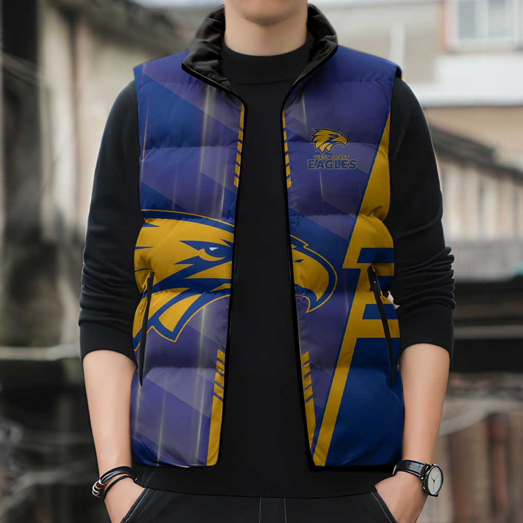 Personalized West Coast Eagles Sleeveless Puffer Jacket Modern Geometric Sports Graphic Style