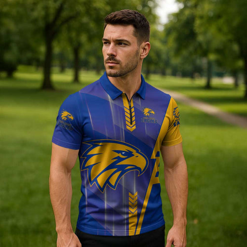 Personalized West Coast Eagles Zipper Polo Shirt Modern Geometric Sports Graphic Style