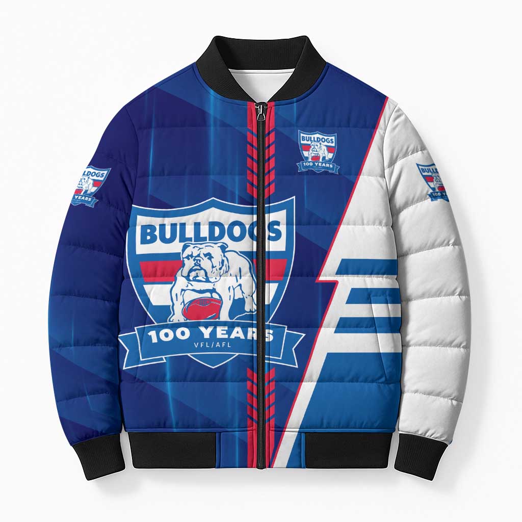 Personalized Western Bulldogs Bomber Puffer Jacket Modern Geometric Sports Graphic Style