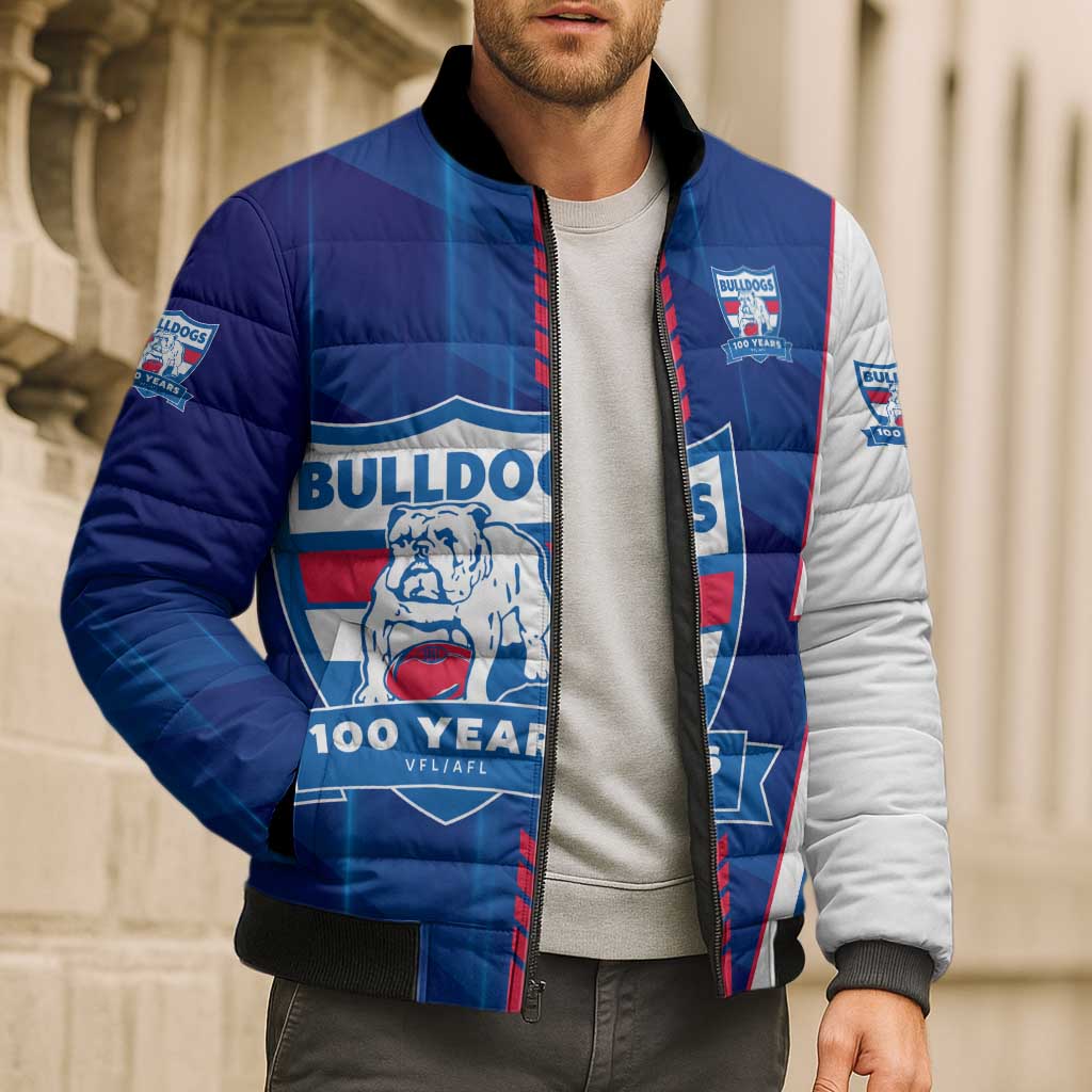 Personalized Western Bulldogs Bomber Puffer Jacket Modern Geometric Sports Graphic Style