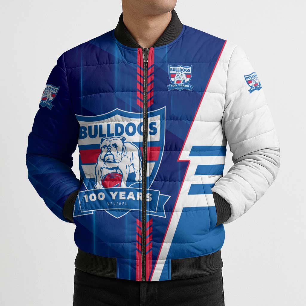 Personalized Western Bulldogs Bomber Puffer Jacket Modern Geometric Sports Graphic Style