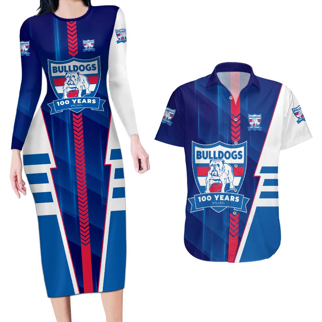 Personalized Western Bulldogs Couples Matching Long Sleeve Bodycon Dress and Hawaiian Shirt Modern Geometric Sports Graphic Style