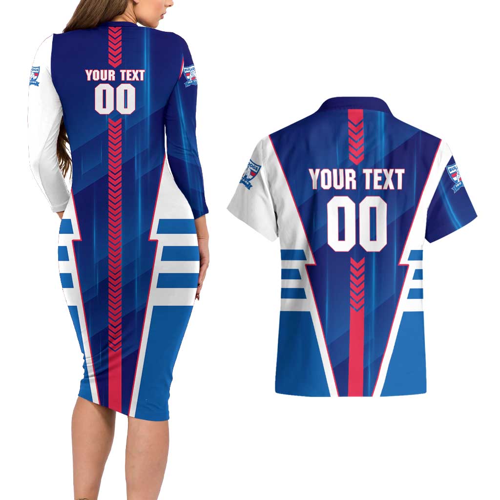 Personalized Western Bulldogs Couples Matching Long Sleeve Bodycon Dress and Hawaiian Shirt Modern Geometric Sports Graphic Style