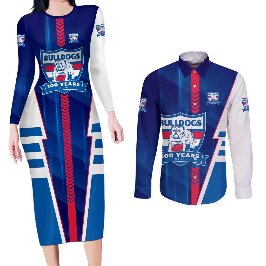 Personalized Western Bulldogs Couples Matching Long Sleeve Bodycon Dress and Long Sleeve Button Shirt Modern Geometric Sports Graphic Style