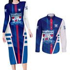 Personalized Western Bulldogs Couples Matching Long Sleeve Bodycon Dress and Long Sleeve Button Shirt Modern Geometric Sports Graphic Style