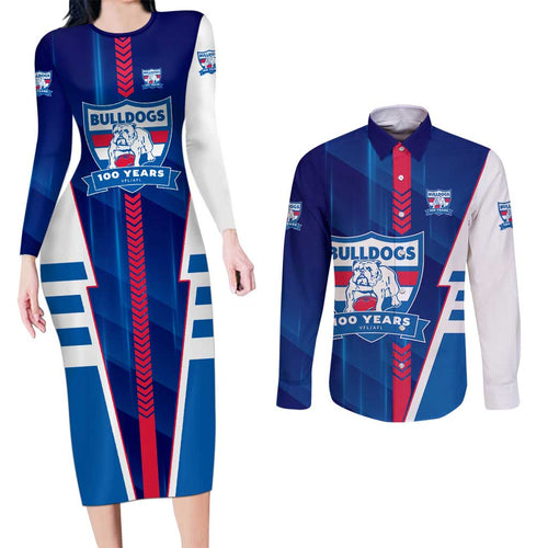 Personalized Western Bulldogs Couples Matching Long Sleeve Bodycon Dress and Long Sleeve Button Shirt Modern Geometric Sports Graphic Style