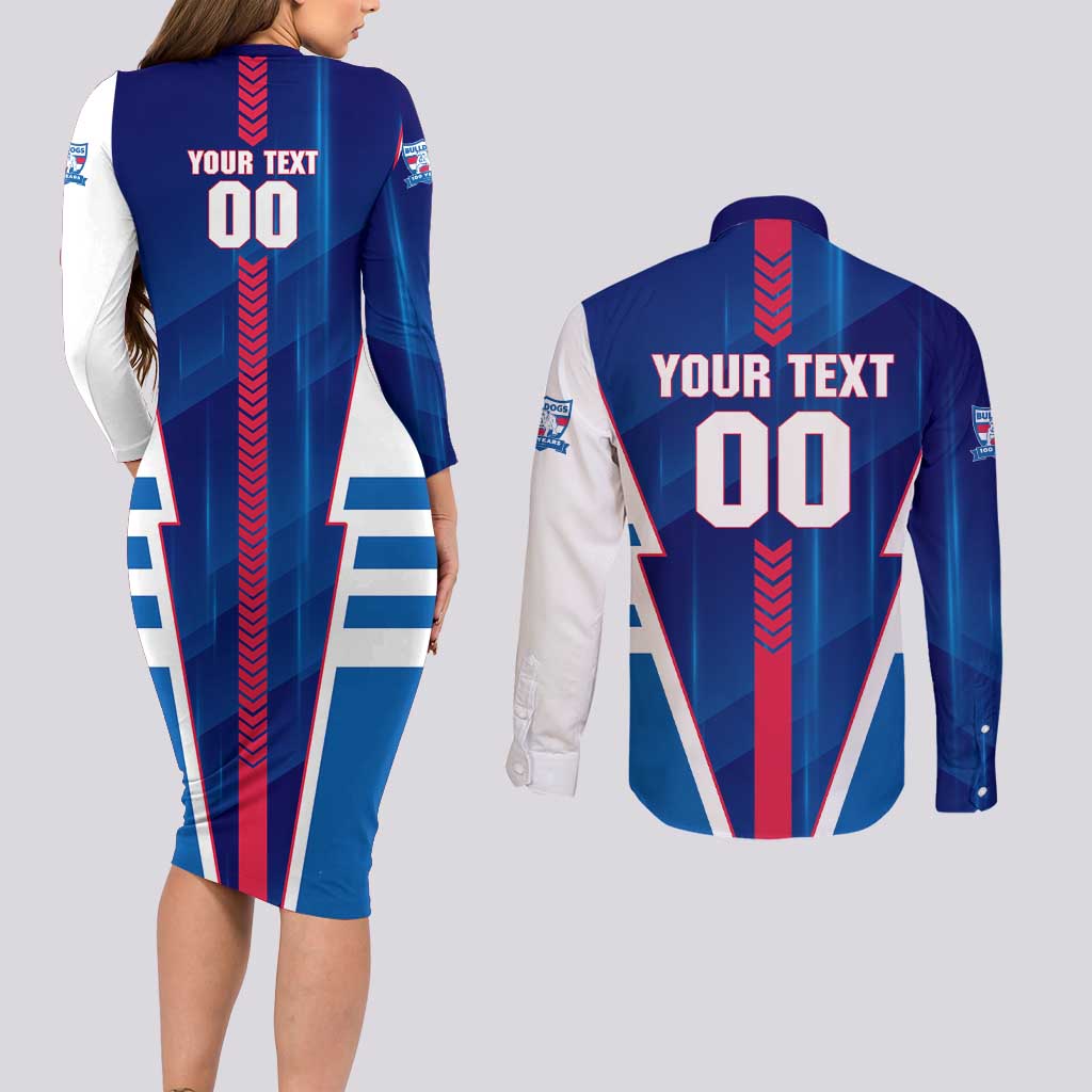 Personalized Western Bulldogs Couples Matching Long Sleeve Bodycon Dress and Long Sleeve Button Shirt Modern Geometric Sports Graphic Style