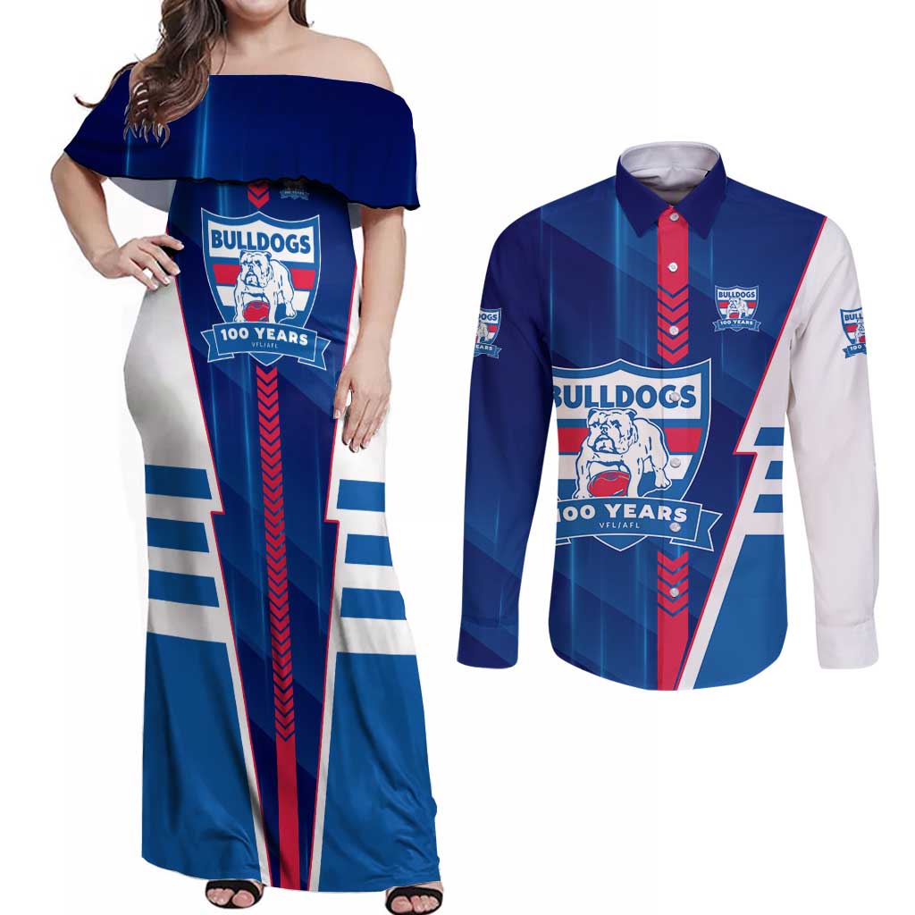 Personalized Western Bulldogs Couples Matching Off Shoulder Maxi Dress and Long Sleeve Button Shirt Modern Geometric Sports Graphic Style