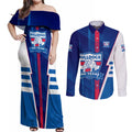 Personalized Western Bulldogs Couples Matching Off Shoulder Maxi Dress and Long Sleeve Button Shirt Modern Geometric Sports Graphic Style
