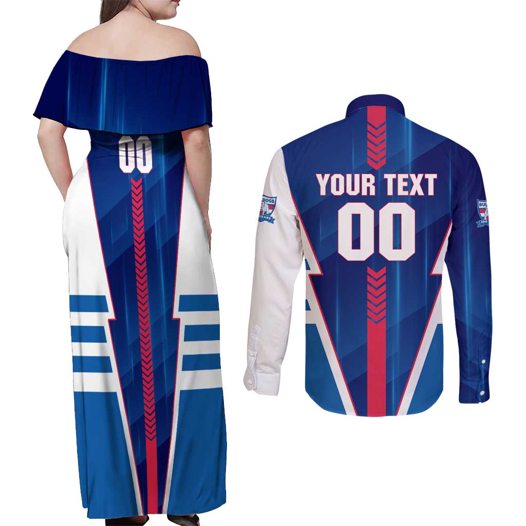 Personalized Western Bulldogs Couples Matching Off Shoulder Maxi Dress and Long Sleeve Button Shirt Modern Geometric Sports Graphic Style