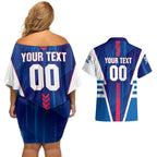 Personalized Western Bulldogs Couples Matching Off Shoulder Short Dress and Hawaiian Shirt Modern Geometric Sports Graphic Style