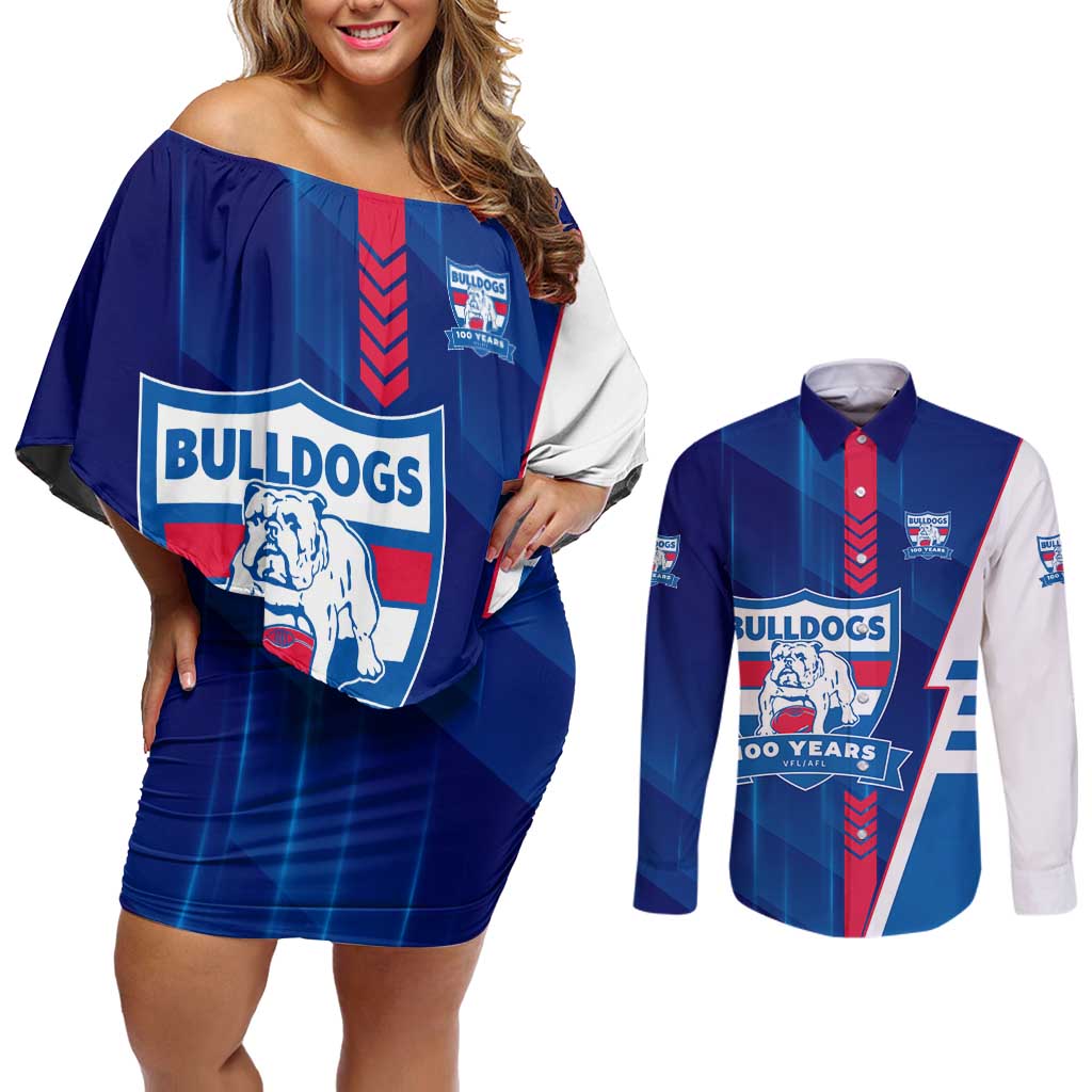 Personalized Western Bulldogs Couples Matching Off Shoulder Short Dress and Long Sleeve Button Shirt Modern Geometric Sports Graphic Style