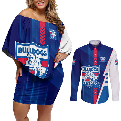 Personalized Western Bulldogs Couples Matching Off Shoulder Short Dress and Long Sleeve Button Shirt Modern Geometric Sports Graphic Style