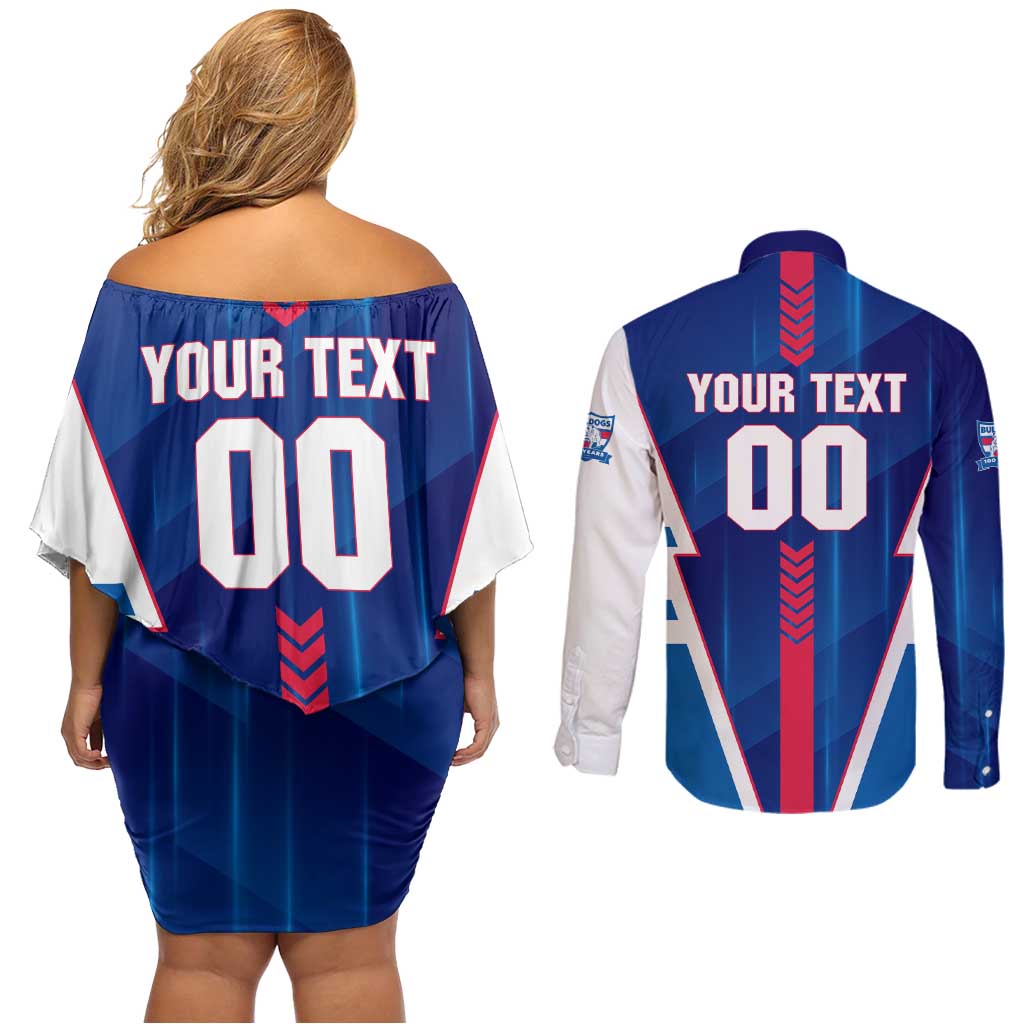 Personalized Western Bulldogs Couples Matching Off Shoulder Short Dress and Long Sleeve Button Shirt Modern Geometric Sports Graphic Style