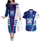 Personalized Western Bulldogs Couples Matching Off The Shoulder Long Sleeve Dress and Hawaiian Shirt Modern Geometric Sports Graphic Style