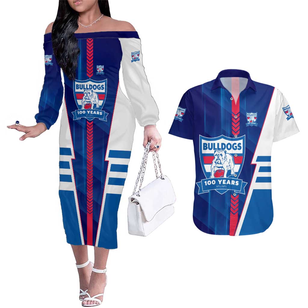 Personalized Western Bulldogs Couples Matching Off The Shoulder Long Sleeve Dress and Hawaiian Shirt Modern Geometric Sports Graphic Style