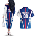 Personalized Western Bulldogs Couples Matching Off The Shoulder Long Sleeve Dress and Hawaiian Shirt Modern Geometric Sports Graphic Style