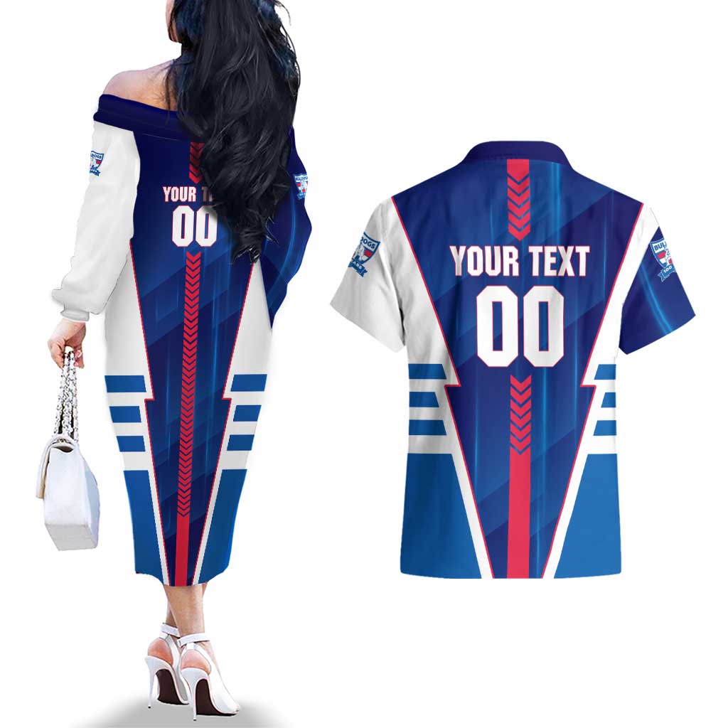 Personalized Western Bulldogs Couples Matching Off The Shoulder Long Sleeve Dress and Hawaiian Shirt Modern Geometric Sports Graphic Style