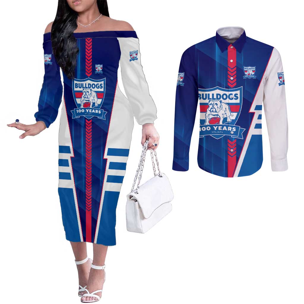 Personalized Western Bulldogs Couples Matching Off The Shoulder Long Sleeve Dress and Long Sleeve Button Shirt Modern Geometric Sports Graphic Style