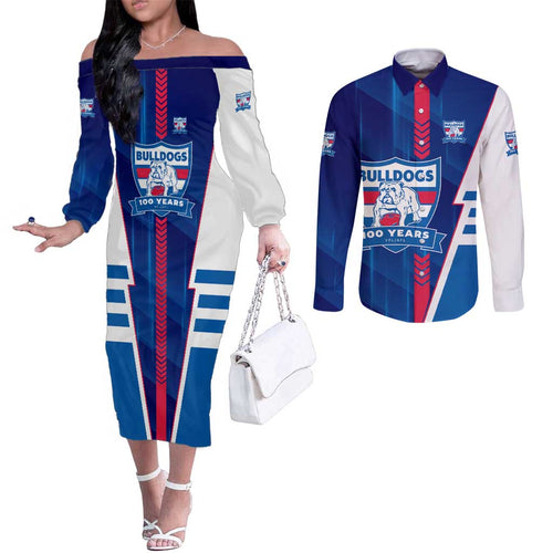 Personalized Western Bulldogs Couples Matching Off The Shoulder Long Sleeve Dress and Long Sleeve Button Shirt Modern Geometric Sports Graphic Style