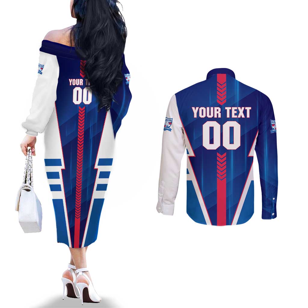 Personalized Western Bulldogs Couples Matching Off The Shoulder Long Sleeve Dress and Long Sleeve Button Shirt Modern Geometric Sports Graphic Style