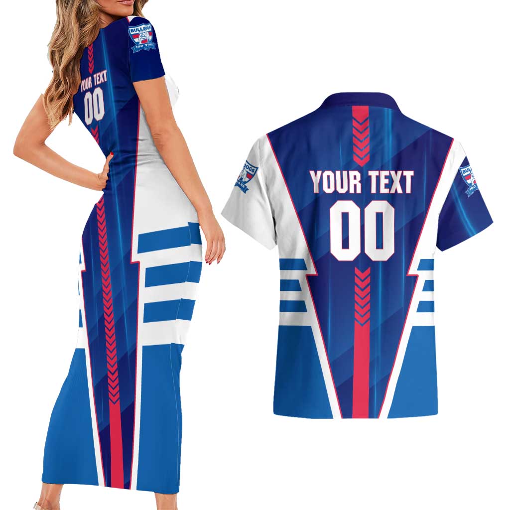 Personalized Western Bulldogs Couples Matching Short Sleeve Bodycon Dress and Hawaiian Shirt Modern Geometric Sports Graphic Style