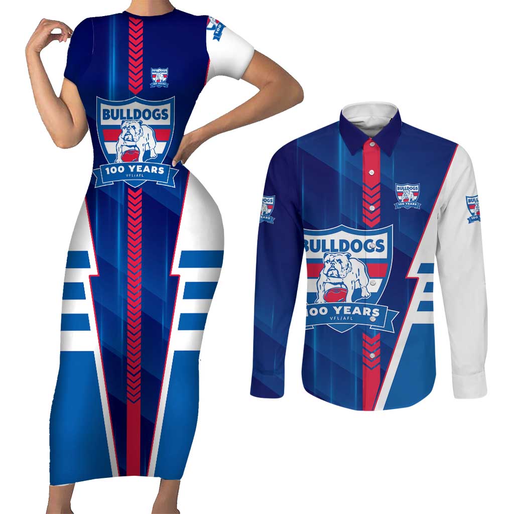 Personalized Western Bulldogs Couples Matching Short Sleeve Bodycon Dress and Long Sleeve Button Shirt Modern Geometric Sports Graphic Style