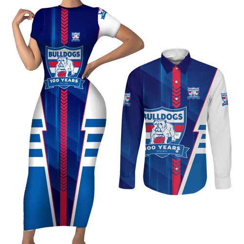 Personalized Western Bulldogs Couples Matching Short Sleeve Bodycon Dress and Long Sleeve Button Shirt Modern Geometric Sports Graphic Style